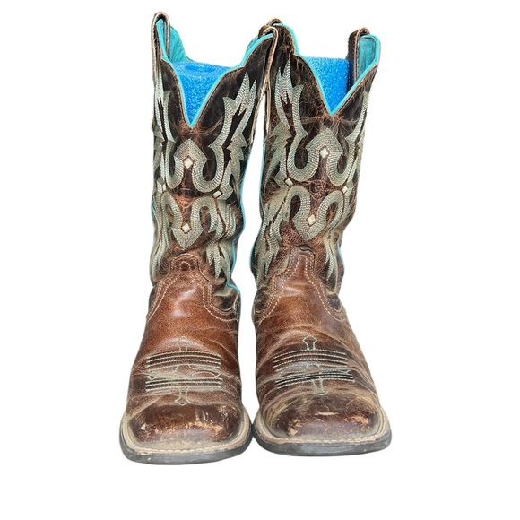 Ariat 6.5B Brown Turquoise Western Square Toe Cowboy Boots Cowgirl - Picture 2 of 10